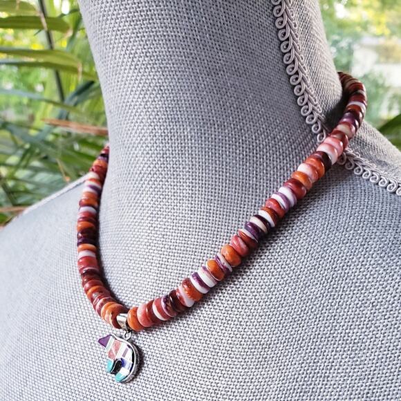 Navajo Spiny Oyster Artisan Turquoise Sterling Silver Inlaid Bear Necklace 17" - Picture 3 of 5